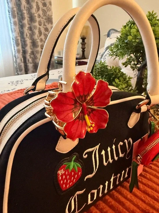 Juicy Couture Black Satchel with White Trim & Strawberry Charm - Picture 4 of 16